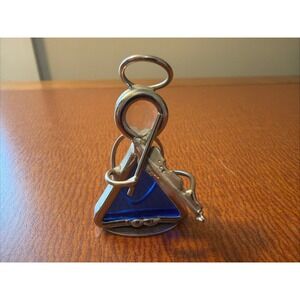 Vintage Angel Pendant Silver Blue Glass Stone Angel Playing Violin Figural 1.75"